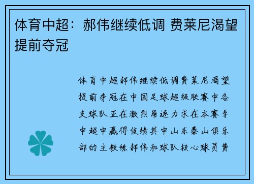 体育中超：郝伟继续低调 费莱尼渴望提前夺冠